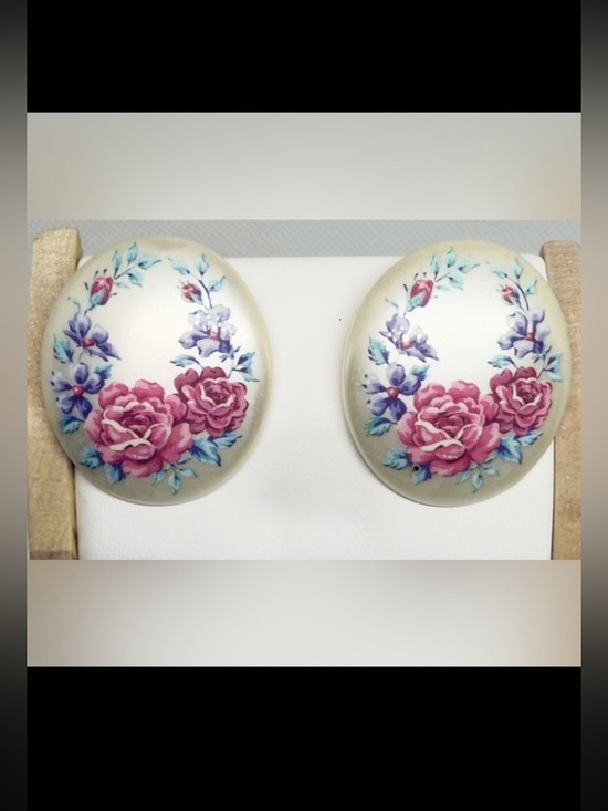 None Jewelry - Vintage earrings oval hand painted Women’s floral jewelry for pierced ears | je6